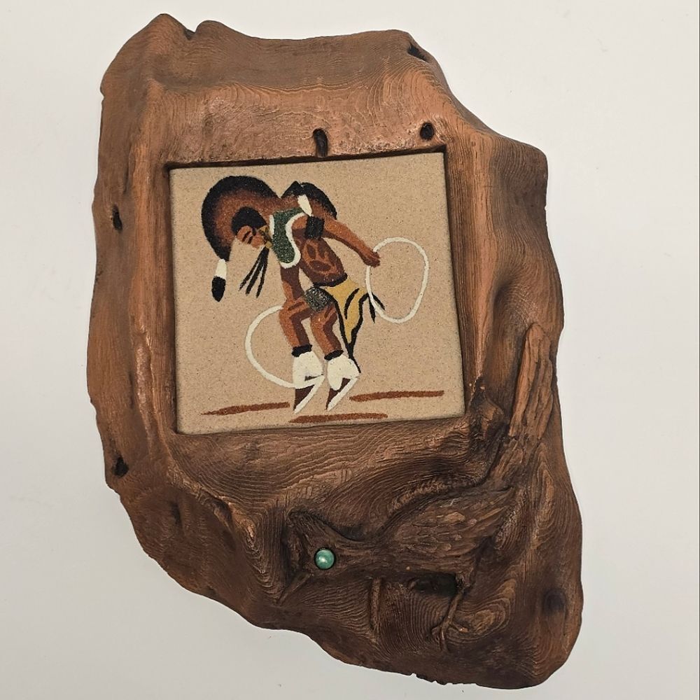 Vintage Native American Navajo Sand Painting HOOP DANCER Wall Plaque Folk Art